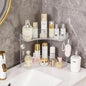 2-Tier Corner Bathroom Organizer Countertop with Hooks, Bathroom Sink Corner Vanity Storage for Makeup, Skincare and Perfume (White Silver)