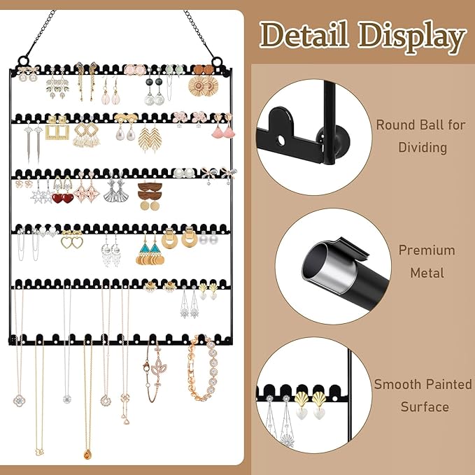 6 Tier Earring Holder Wall Mounted Hanging Earring Organizer, Earring Display Storage with 123 Holes and 129 Grooves Jewelry Organizer Tree for Stud/Hoop/Dangle Earrings Necklace（Black）
