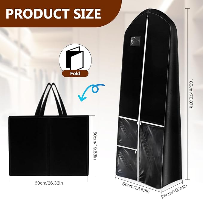 Dress Garment Bags, Long Garment Bags for Travel, 70’' Wedding Dress Cover with Handle, Foldable Clothing Bag with Pockets and Zippers, Black, 180 cm