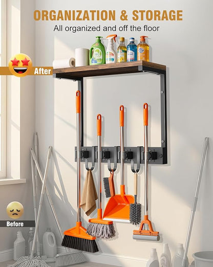 Supforce Broom Holder Wall Mount with Top Wooden Shelf, Heavy Duty Metal Cleaning Supplies Broom Hanger with 4 Slots & 3 Hooks for Laundry Garage Tool Storage Kitchen (Small)