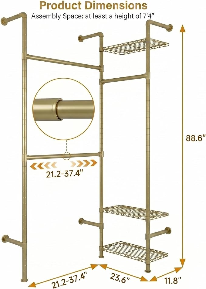 F2 Wall Mounted Closet System, Industrial Pipe Clothing Rack for Hanging Clothes, Heavy Duty Closet Organizer System, Clothes Racks with Shelves & Expandable Rod for Wardrobe, Corner, Gold