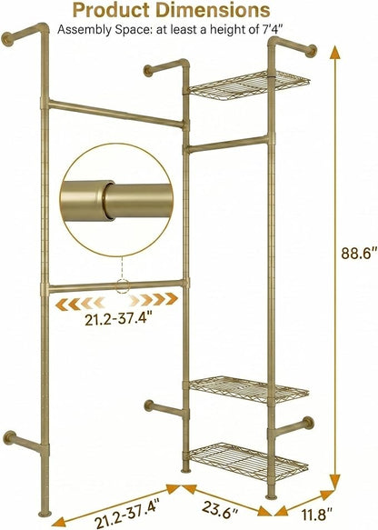 F2 Wall Mounted Closet System, Industrial Pipe Clothing Rack for Hanging Clothes, Heavy Duty Closet Organizer System, Clothes Racks with Shelves & Expandable Rod for Wardrobe, Corner, Gold