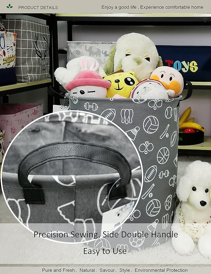 Round Sports Themed Laundry Basket, Collapsible Laundry Hamper for Boys,Cute Ball Print Storage Bin,Waterproof Toy Storage for Kids Room,Nursery,Playroom,New Parent Gift(Grey Sports Ball)