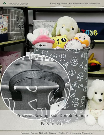 Round Sports Themed Laundry Basket, Collapsible Laundry Hamper for Boys,Cute Ball Print Storage Bin,Waterproof Toy Storage for Kids Room,Nursery,Playroom,New Parent Gift(Grey Sports Ball)