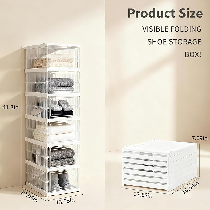 ZLLZUU Upgrade Clear Foldable Shoe Storage Organizer, No Assembly 6 Tiers Shoe Box with Fully Clear Door, Plastic Stackable Shoe Rack for Sneakers, Sturdy Shoe Storage Containers Bins