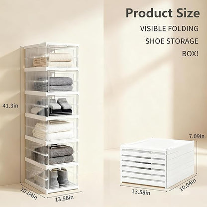 ZLLZUU Upgrade Clear Foldable Shoe Storage Organizer, No Assembly 6 Tiers Shoe Box with Fully Clear Door, Plastic Stackable Shoe Rack for Sneakers, Sturdy Shoe Storage Containers Bins