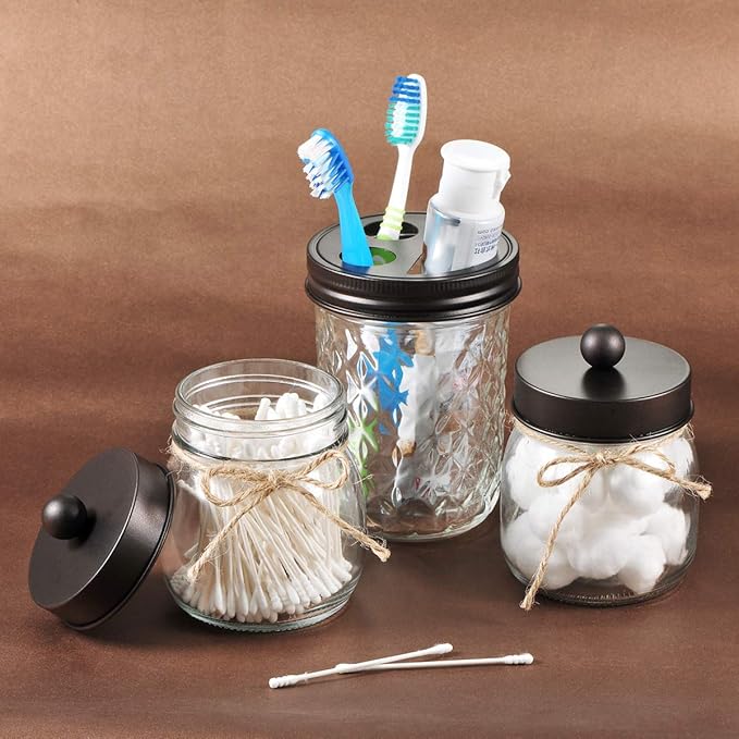 SheeChung Small Mason Jars with Lids - Qtip Holders Set, Bathroom Jars, Bathroom Organizers and Storage for Q-tips, Cottons, Floss, Balls, Cotton Swabs - Bronze