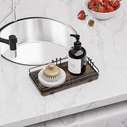Bathroom Vanity Tray for Toiletries Makeup Perfume Candle Toilet Tank, Kitchen Tray for Soap Dispenser Spice Salt, Small Tray for Countertop Decor Coffee Nightstand 7.9”x4.4” Brown-Black