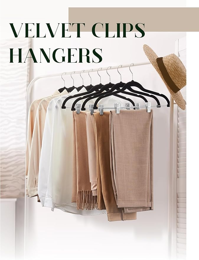 Cozymood Velvet Pant Hangers 36 Packs Ultra Thin Hangers with Clips Non Slip Velvet Skirt Hanger Space Saving Clothes Hanger with Clips for Pants, Skirts, Jeans, Shorts (Black)
