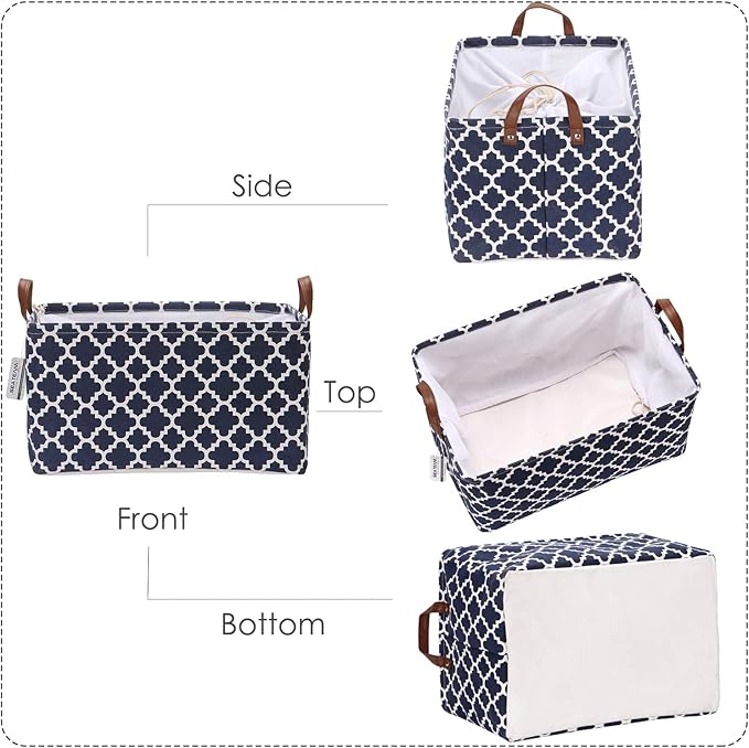 Sea Team Moroccan Lattice Pattern Canvas Fabric Storage Basket Collapsible Geometric Design Storage Bin with Drawstring Cover and PU Leather Handles, 16.5 by 11.8 inches, Waterproof Inner, Dark Blue