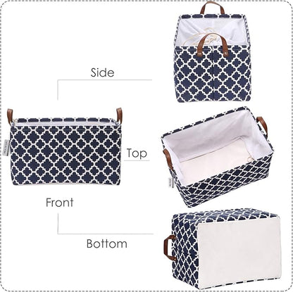 Sea Team Moroccan Lattice Pattern Canvas Fabric Storage Basket Collapsible Geometric Design Storage Bin with Drawstring Cover and PU Leather Handles, 16.5 by 11.8 inches, Waterproof Inner, Dark Blue