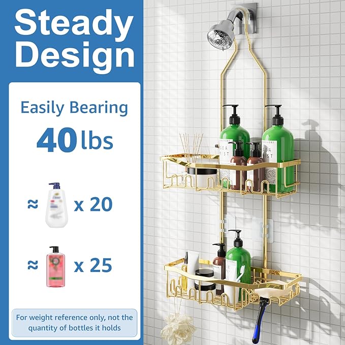 Shower Caddy, Extended Length Shower Organizer with Hooks, Rustproof Shampoo Soap Holder, Large Hanging Bathroom Caddy