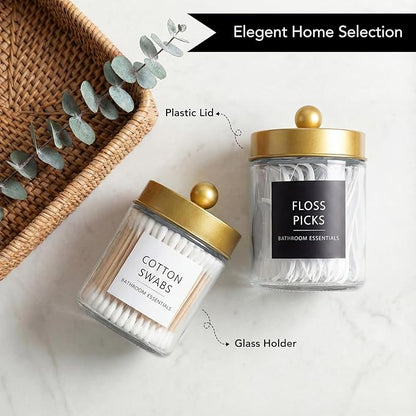 Amolliar 4 Pack Qtips Dispenser Holder - Bathroom Countertop Storage Organizer Containers - Glass Apothecary Jars with Gold Plastic Lid for Q-tips Cotton Balls, Swabs, Round Pads, Floss