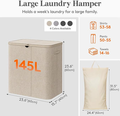Lifewit 145L Large Laundry Basket with Lid, Laundry Hamper with Plastic Handles and Removable Bag, Foldable Tall Dirty Clothes Hampers for Laundry for Laundry Room, Bedroom, Bathroom, Dorm, Beige