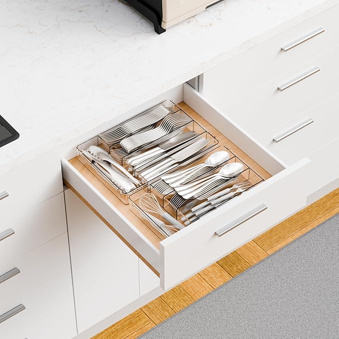 Yieach Clear Small Silverware Organizer 9 inch Wide for Kitchen Drawers,BPA Free Silverware Trays and Plastic Silverware Dividers & Holder,Utensil and Flatware Drawer Organizer Suitable for Fork,Spoon