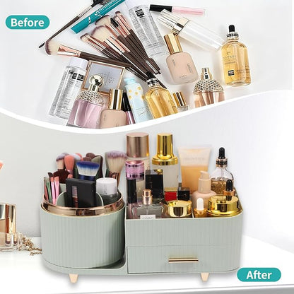 Makeup Organizer Countertop with Drawer 360 Rotating Brush Holder Storage Large Capacity Skincare Cosmetic Display Cases for Vanity Bathroom Desktop, Model 3016 Green