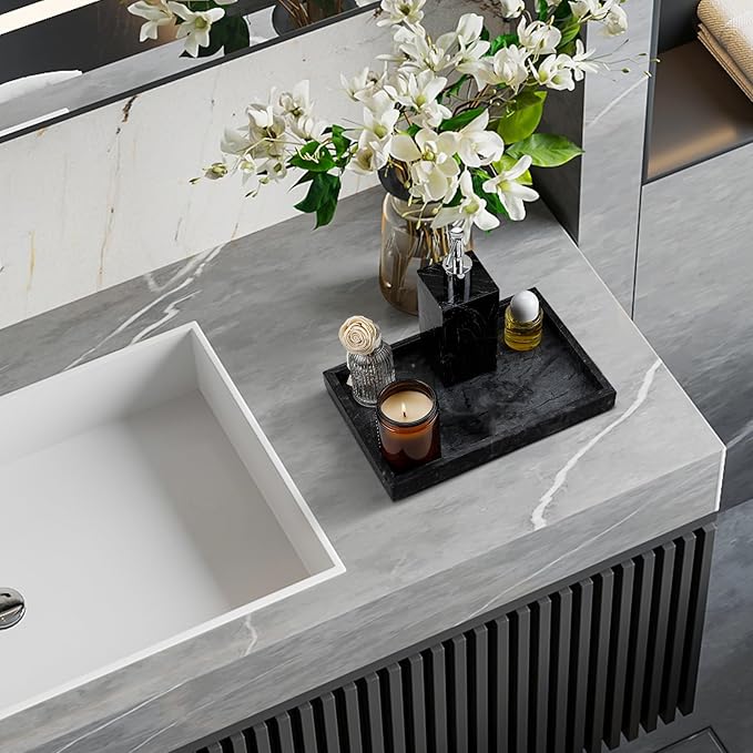 Real Natural Marble Tray for Bathroom, Vanity, Kitchen and Desktop, Rectangle Genuine Marble Stone Tray for Jewelry, Cosmetics, Candles, Lotion, Perfume and Home Decor Black