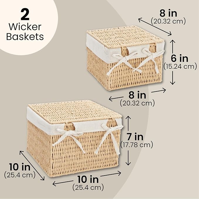 Juvale Wicker Storage Bins with Lids and Insert - Set of 2, 10 x 10 x 7 in & 8 x 8 x 6 in, Brown - Rectangular Lined Baskets with Lids & Insert for Organization
