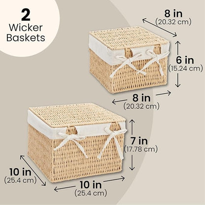 Juvale Wicker Storage Bins with Lids and Insert - Set of 2, 10 x 10 x 7 in & 8 x 8 x 6 in, Brown - Rectangular Lined Baskets with Lids & Insert for Organization