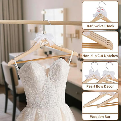 Bride Hanger for Wedding Dress Wooden Pearl Hangers with Pearl Ribbon Bow Elegant Bridal Mrs Wedding Dress Hanger, 2PCS Personalized Wedding Hangers (Burlywood)