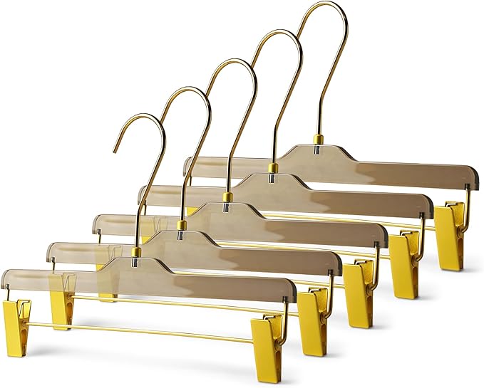 Acrylic Clip-Hangers Brown for Pants, Skirts and Shorts with 360 Degree Silver/Golden Hook | Space Saving & Non-Slip | 5 Pack