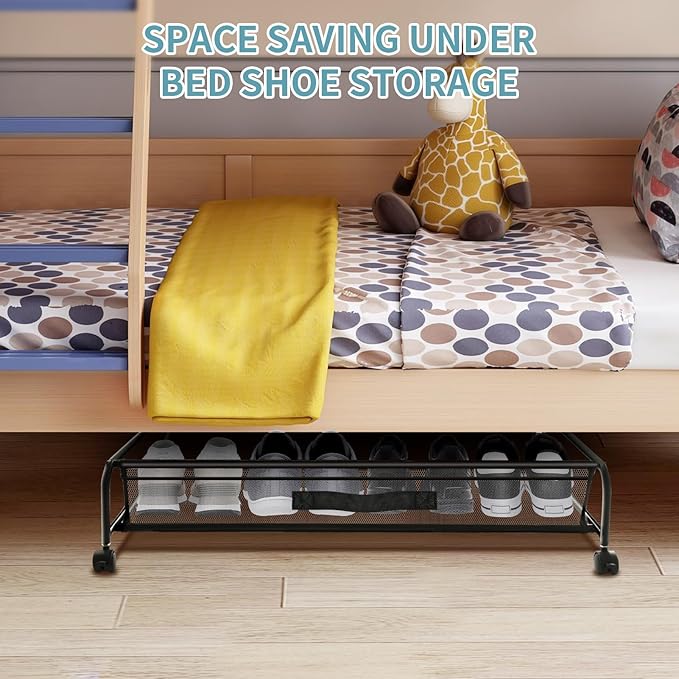 Under Bed Shoe Storage with Wheels, Space Saving Shoe Organizer with Sturdy Metal Frame & Breathable Mesh, Suitable Under The Bed, Sofa and Desk, 1 Pack