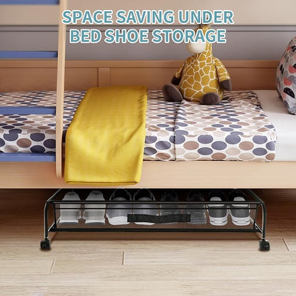 Under Bed Shoe Storage with Wheels, Space Saving Shoe Organizer with Sturdy Metal Frame & Breathable Mesh, Suitable Under The Bed, Sofa and Desk, 1 Pack