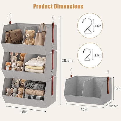 3-Tier Hanging Closet Organizer, Extra Large Fabric Closet Shelves with Zipper, Foldable Closet Storage Organizer for Clothes, Handbags, Socks, Underwear, Dorm Room and RV, Grey - 2 Pack