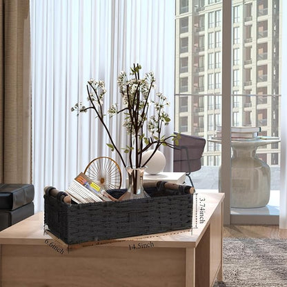 Round Paper Rope Storage Basket Wicker Baskets for Organizing with Handle Decorative Storage Bins for Countertop Toilet Paper Basket for Toilet Tank Top Small Baskets,Black