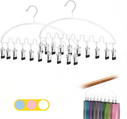 Legging Organizer for Closet,Metal Wave Design Pants Hanger with 10 Clips 7 Hooks, Closet Storage for Pants, Skirts, Hats (White, 2Pack)
