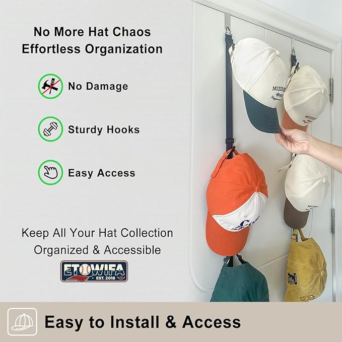Hat Rack for Door, Hat Holder over the Door Hats Organizer for Baseball Caps, Hat Hanger for Closet, 12 Hooks Cap Organizer on Wall for Storage & Display - 2 Pack