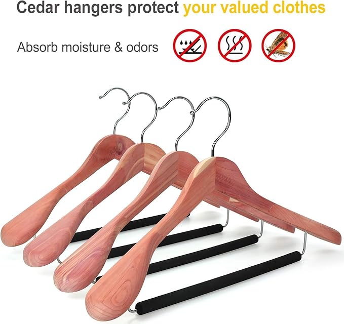 TOPIA HANGER Unfinished American Red Cedar Wood Coat Suit Hangers, Luxury Wooden Jacket Clothes Hangers, Wide Shoulder with Black Padded Pant Bar- 360°Flexible Hook, 6 Pack- Natural- CT07W-6