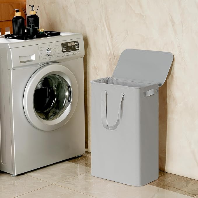 efluky Slim Laundry Basket with Lid, Narrow Laundry Hamper with Handles, Collapsible Dirty Clothes Hamper, Tall Laundry Bin for Laundry Room, Dorm and Bedroom, 55L Grey