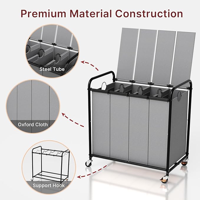 180L Laundry Sorter 4 Section – Heavy Duty Rolling Laundry Basket with Lockable Wheels and Lid, 4 Large Separate Removable Bags, Laundry Hamper Cart for Laundry Room Organizer (Grey)