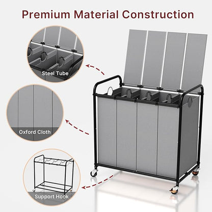 180L Laundry Sorter 4 Section – Heavy Duty Rolling Laundry Basket with Lockable Wheels and Lid, 4 Large Separate Removable Bags, Laundry Hamper Cart for Laundry Room Organizer (Grey)