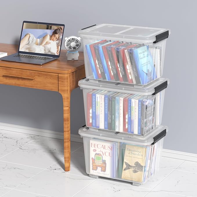 4 Packs 30 L Plastic Latch Storage Box, Clear Bin with Lid and Wheels