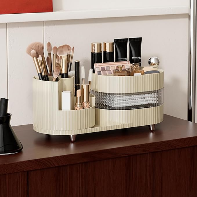 DASITON Makeup Organizer Countertop, 360° Rotating Makeup Brush Holder Organizer, Large Capacity Cosmetic Display Case with Drawers, Makeup Storage Organizer for Vanity, Desktop, Bathroom (Cream 02)