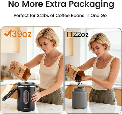 Veken Large Coffee Canister with Window, Kitchen Food Storage Airtight Stainless Steel Container for 2.2lbs Coffee Beans, Grounds, Rice,Tea, Flour, Cereal, Sugar Jars,Date Tracker and Scoop 39oz,Black