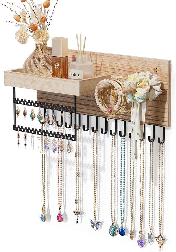 Lolalet Wall Mounted Hanging Jewelry Organizer, 15 Hooks Wooden Necklaces Holder with Storage Shelf, Easy Install Earrings Bracelets Hanger -Light Brown