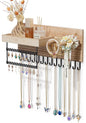 Lolalet Wall Mounted Hanging Jewelry Organizer, 15 Hooks Wooden Necklaces Holder with Storage Shelf, Easy Install Earrings Bracelets Hanger -Light Brown