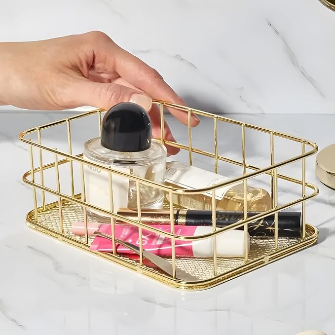 Gold Wire Baskets, 9.6 x 6.5in Metal Storage Basket Desktop Bathroom Sink Counter Toilet Storage Toilet Tank Topper Organizer Tray for Pantry Kitchen