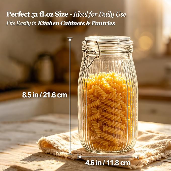 ComSaf 3pcs 50oz Ribbed Glass Jars with Airtight Clamp Lids, Large Vintage Canisters for Flour, Sugar Storage & Fermenting, Wide Mouth for Pantry Organization & Countertop Decor