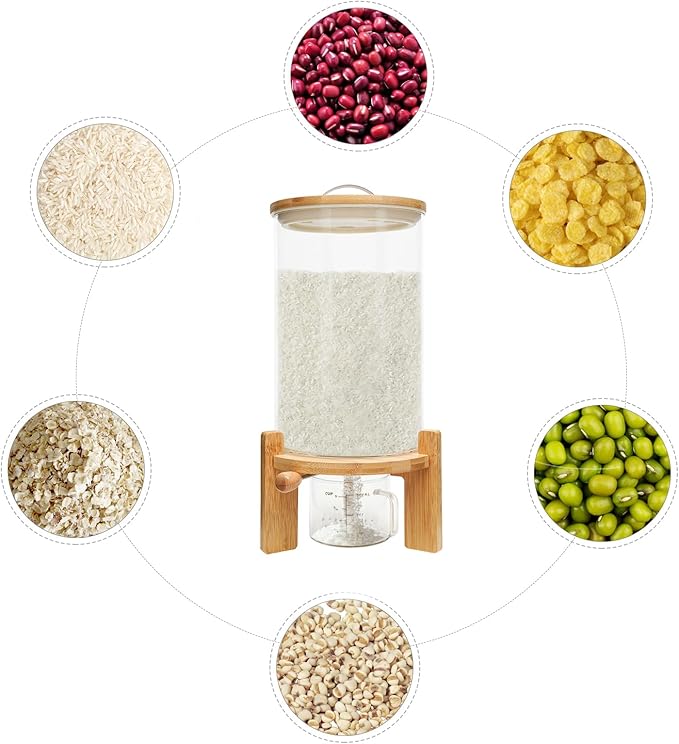 Glass Rice Dispenser with Airtight Lid, Bamboo Stand for Kitchen Pantry Organization (7.5L/1.98Gal)