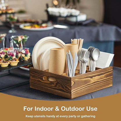 Wood Utensil Holder for Party, 6-Compartment Paper Plate Organizer with Handles, Wooden Silverware Caddy for Picnic, Camping, BBQ, Buffet, and Kitchen Countertop Organization, Brown