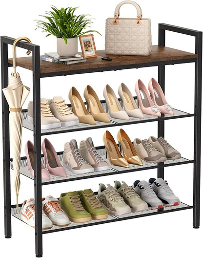 WIN4ALL Shoe Rack for Front Door Entrance, 4 Tier Shoe Rack for Entryway, 12-16 Pairs of Shoes, Metal Shoe Rack Organizer, Free Standing Shoe Rack for Closet (Black+Rustic Brown)