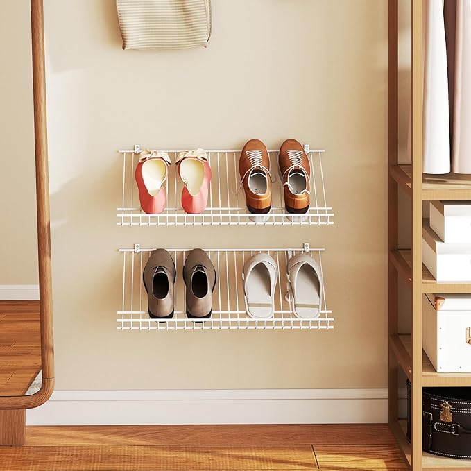 Giantex Wall Mounted Shoe Rack Set of 2, 24" Metal Wire Storage Shelf, Closet Storage Organizer Kit, Configurations Custom Shelving Unit for Entryway, Laundry Room, Bedroom, White
