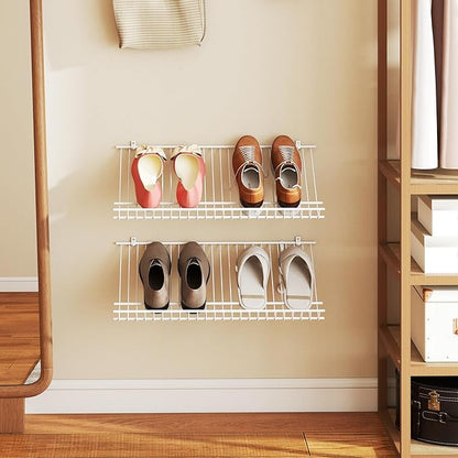 Giantex Wall Mounted Shoe Rack Set of 2, 24" Metal Wire Storage Shelf, Closet Storage Organizer Kit, Configurations Custom Shelving Unit for Entryway, Laundry Room, Bedroom, White