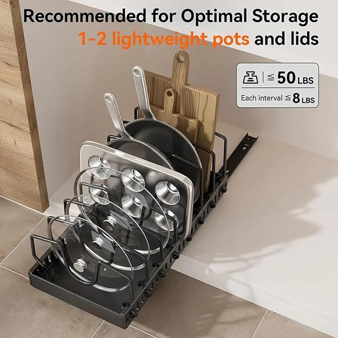 AmoiChic 2 Pack Pull Out Cabinet Organizer for Pots and Pans, Black Storage Rack with 8 Adjustable Dividers, Kitchen Cabinet Organizer for Pot Lids, Bakeware, Dishes Storage