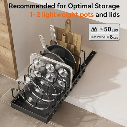 AmoiChic 2 Pack Pull Out Cabinet Organizer for Pots and Pans, Black Storage Rack with 8 Adjustable Dividers, Kitchen Cabinet Organizer for Pot Lids, Bakeware, Dishes Storage