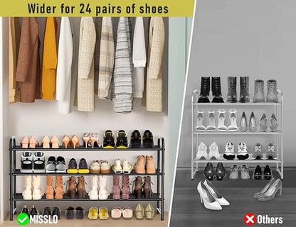 MISSLO 3-Tier Long Shoe Rack for Closet Shoe Organizer for Closet Floor Entryway Storage Stackable Wide Shoe Shelf Stores 24 Pairs of Men Sneakers, Black